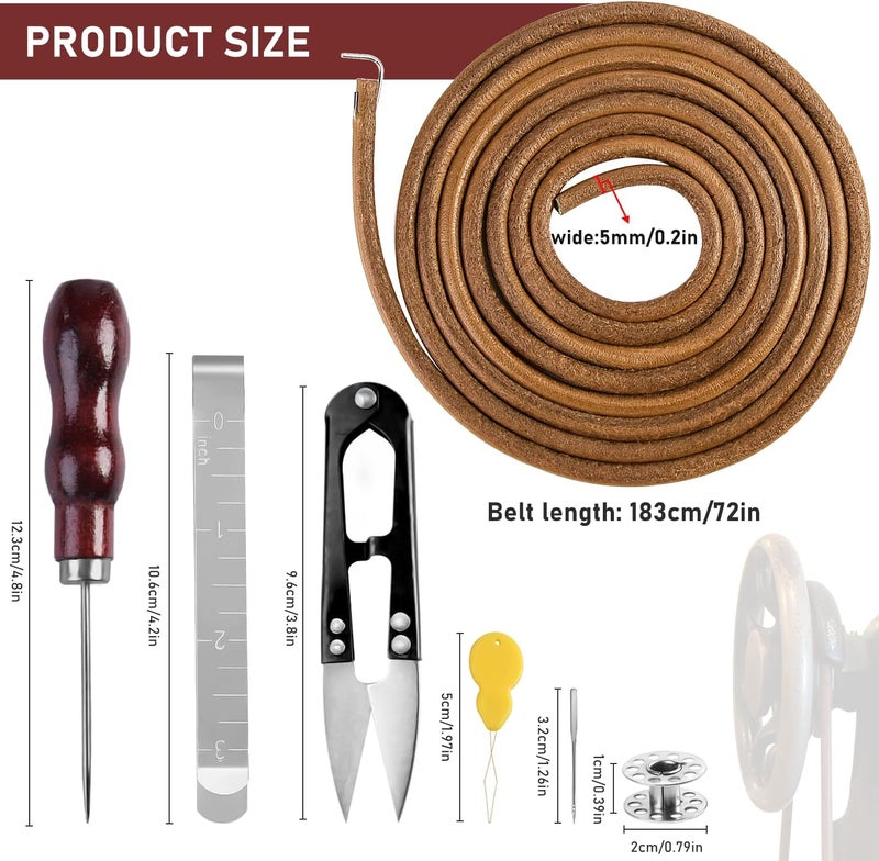 WXJ13 2 PCS Treadle Sewing Machine Belt, 72 Inch 3/16" Replacement Leather Belt Treadle Belts with Hook for Singer/Jones Sewing Machine, Total 2PCS Sewing Machine Leather Belts with 23 PCS Accessories - Image 2